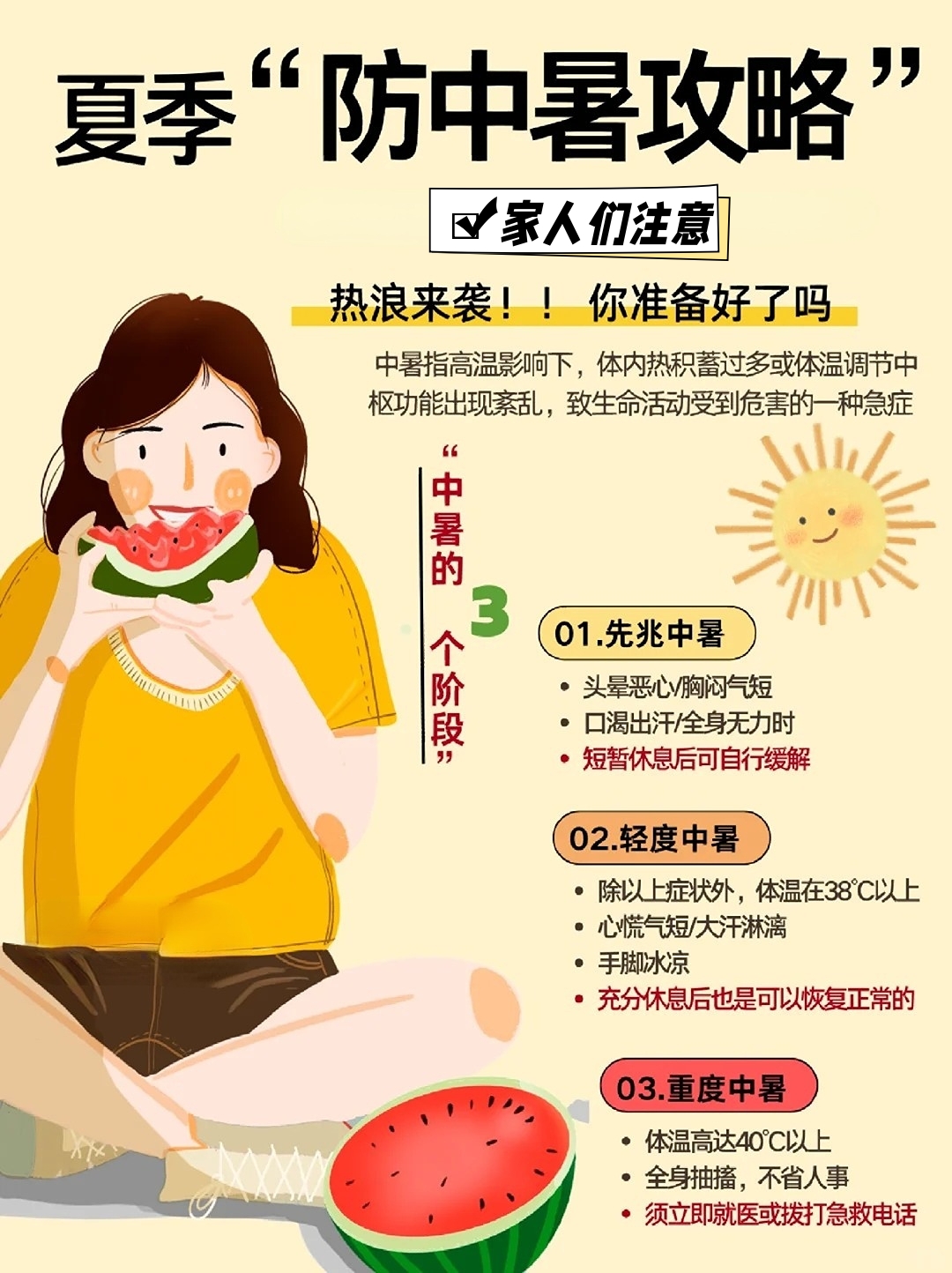 家人们注意啦！今日入伏，高温天气谨防中暑哦。1⃣💦 科学补水要记牢。2⃣⛱️ 避开烈日选阴凉。3⃣👚 透气衣物更清爽。4⃣🍉 营养均衡身体棒